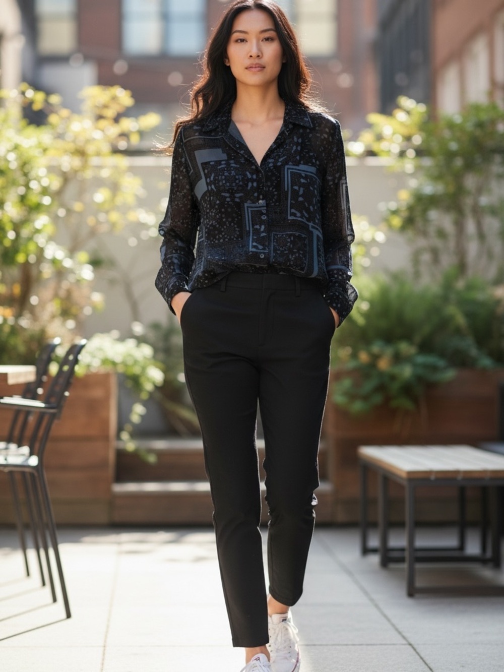 French Laundry Black Midnight Velvet Silk Sheer Floral Design Button Down Blouse